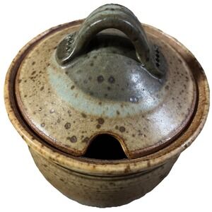 Studio Art Pottery Honey Pot Jam Jar  w/Lid Brown & Green 6" Signed